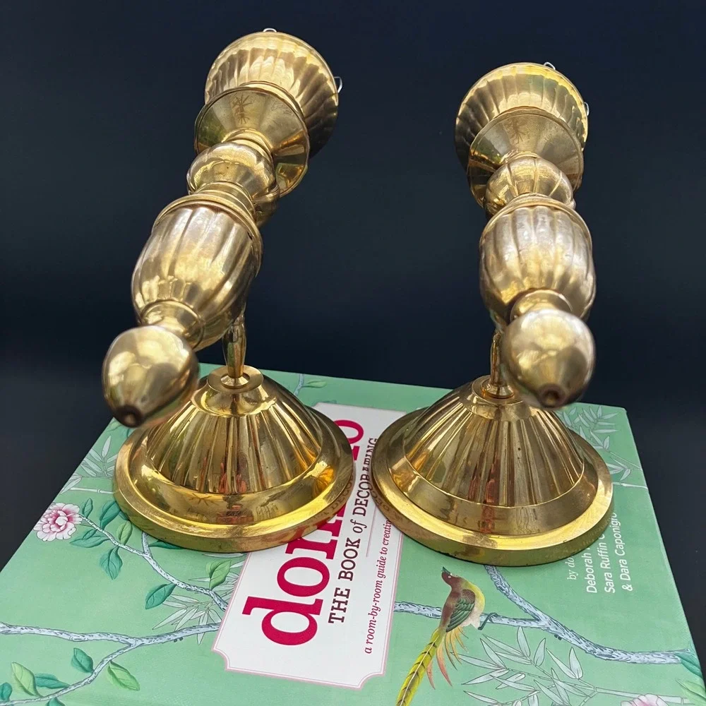 Vintage Brass Wall Sconces Pair Fluted Spindle Candle Holders Made in India 10